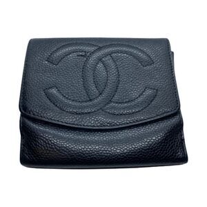 Vintage Authentic CHANEL Black Caviar Leather Bifold Designer Wallet